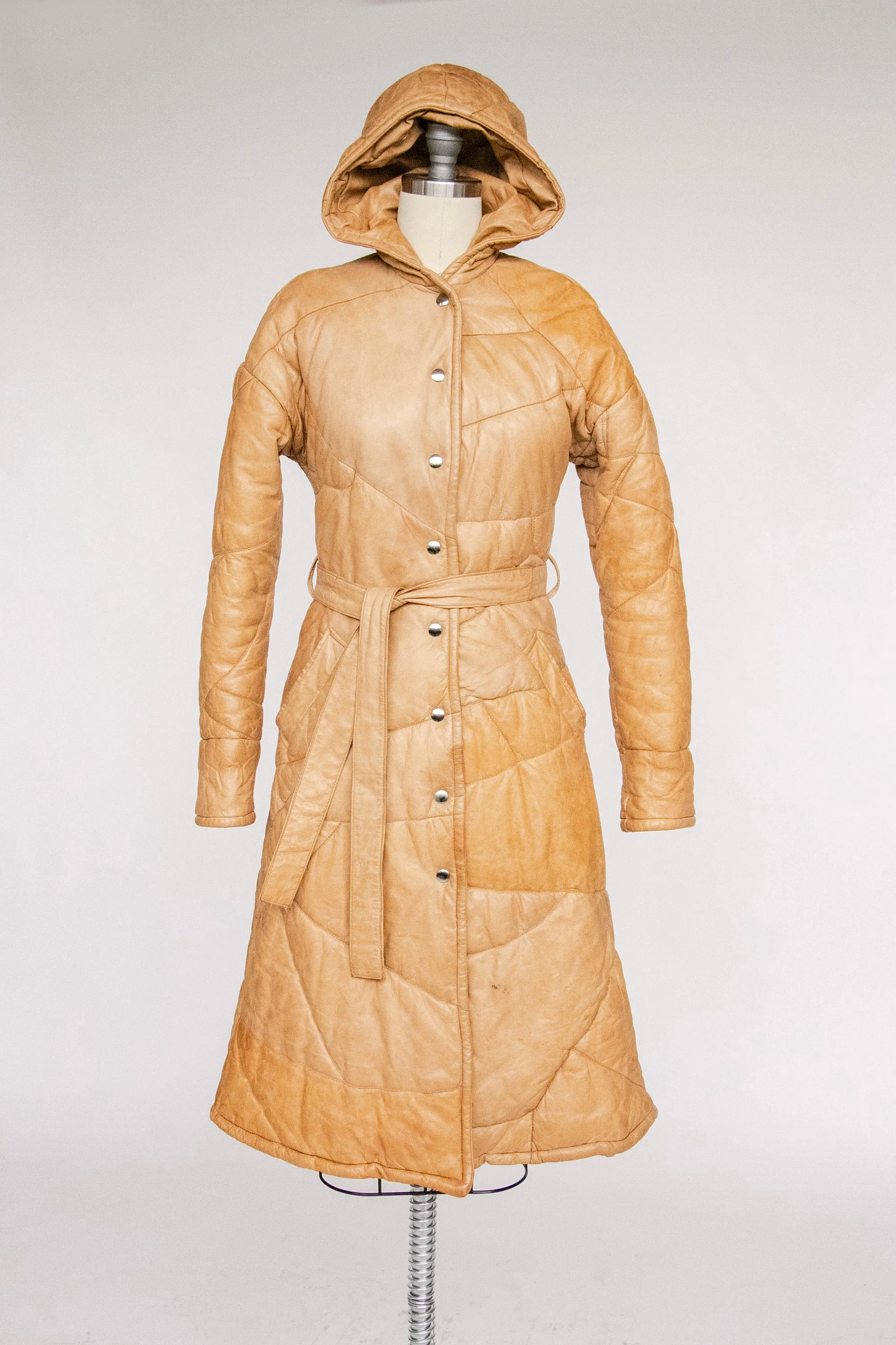 1970s Coat Deerskin Quilted Leather Finnish Jacket Hooded XS