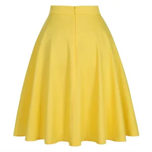 2021 Spring Summer Casual Women Midi Skirt Yellow Solid Pure Color High Waist School Retro Vintage 50s 60s Cotton Summer Skirts