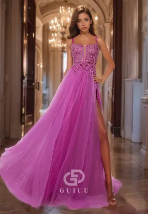 A-Line Plunging Illusion Pleated Beaded Lace-Up Prom Dress with High Slit and Lace Appliques 
