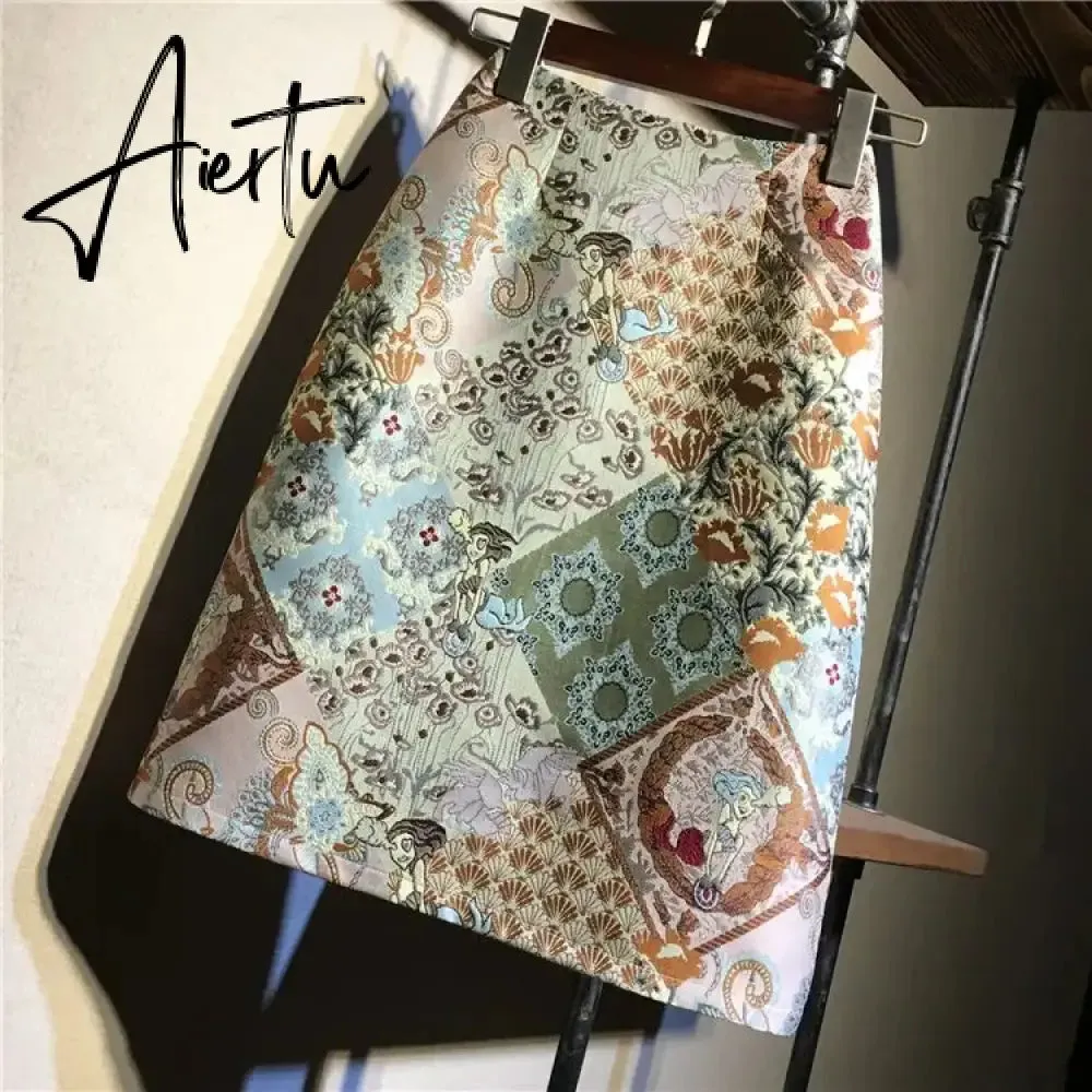 Aiertu Autumn  High Waist A-line Skirts Light Mature One Step Skirt Ladies Medium Length Retro Wrapped Hip Skirt Jacquard Skirt