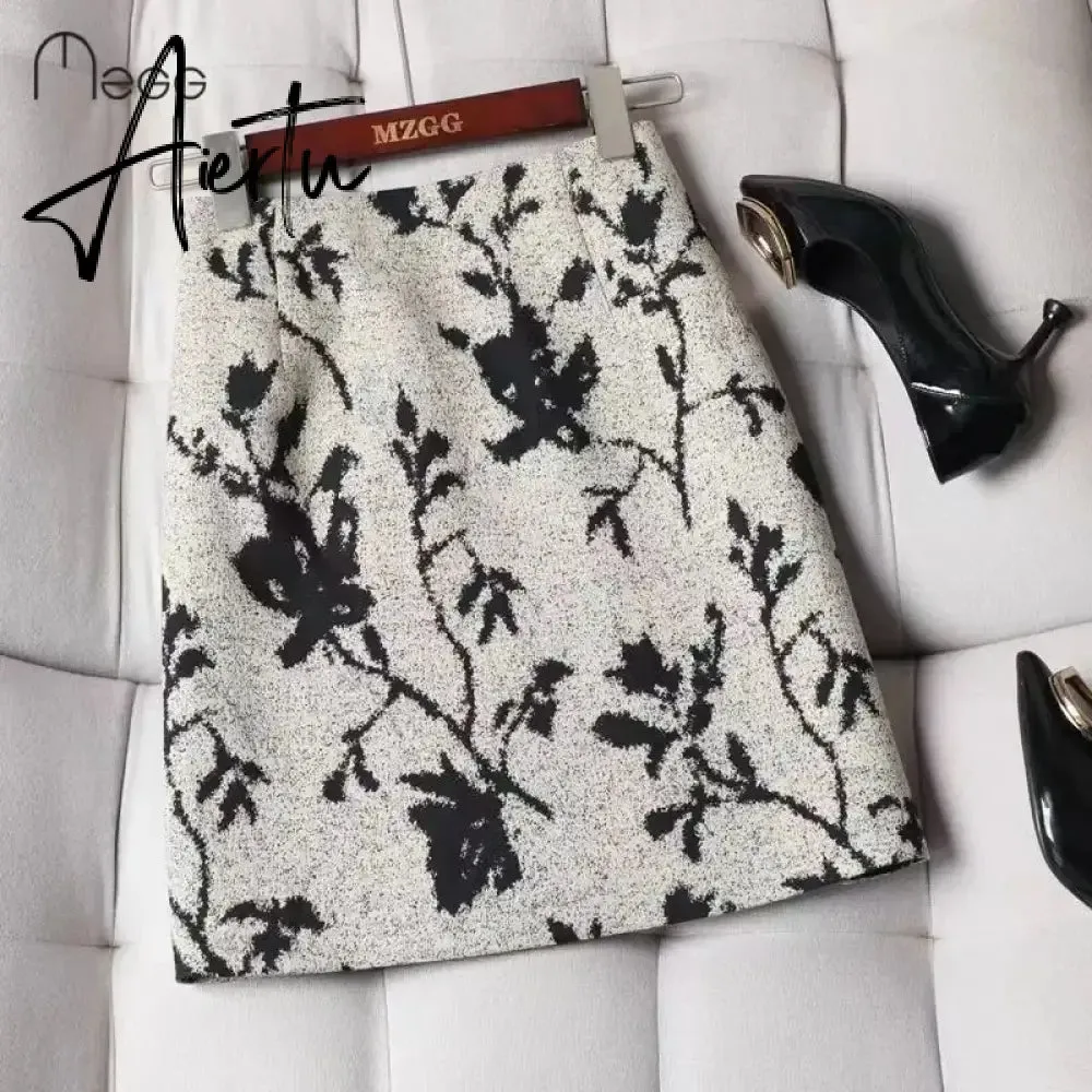 Aiertu Autumn  High Waist A-line Skirts Light Mature One Step Skirt Ladies Medium Length Retro Wrapped Hip Skirt Jacquard Skirt