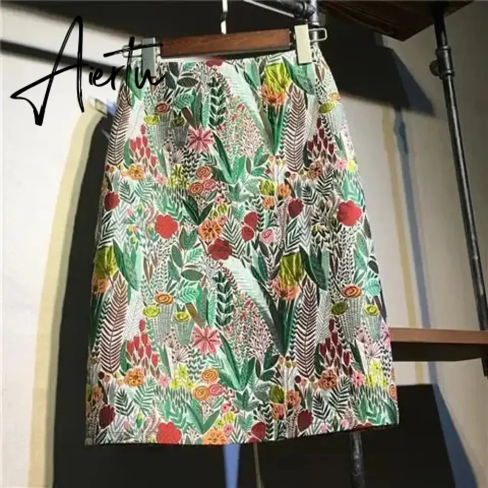 Aiertu Autumn  High Waist A-line Skirts Light Mature One Step Skirt Ladies Medium Length Retro Wrapped Hip Skirt Jacquard Skirt