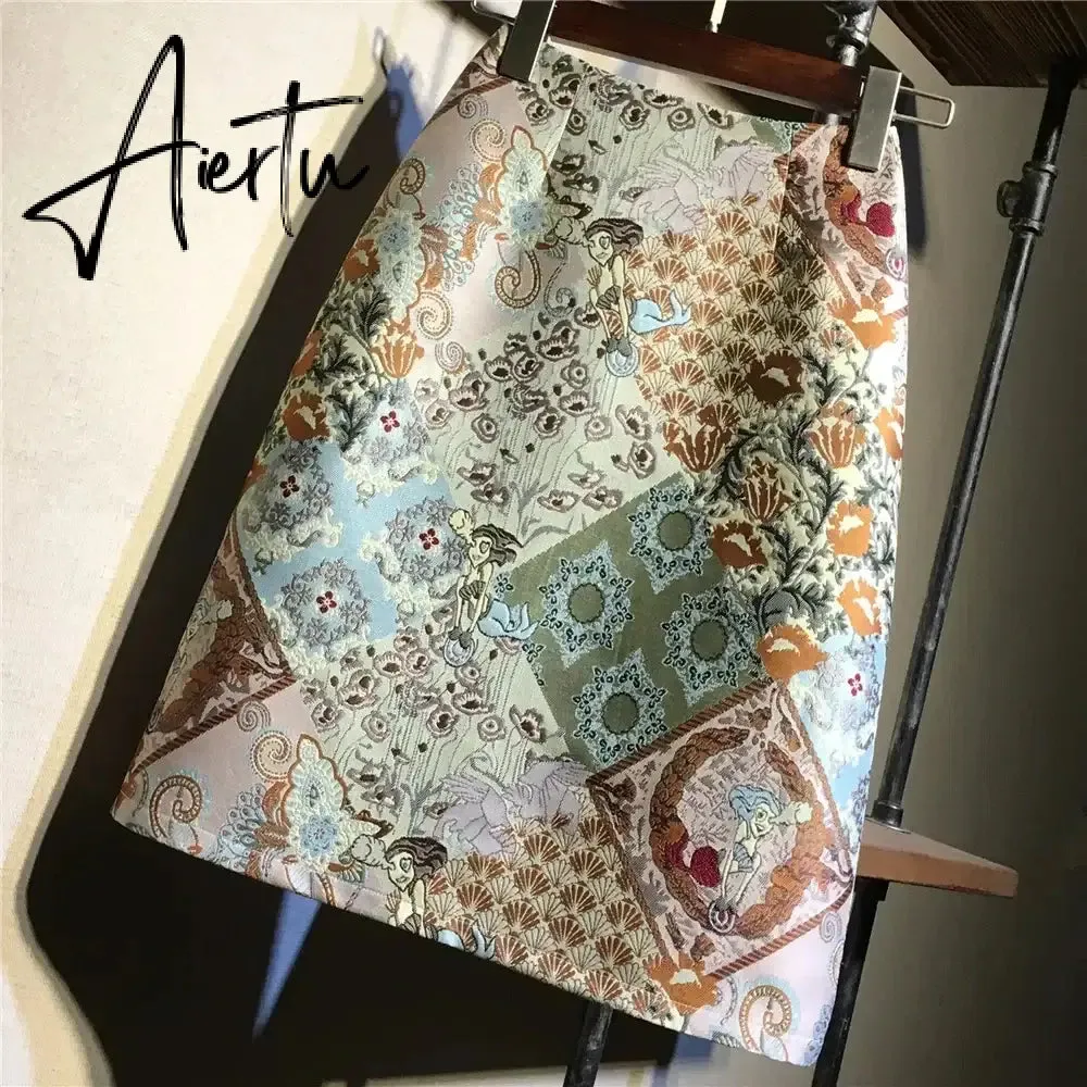 Aiertu Autumn  High Waist A-line Skirts Light Mature One Step Skirt Ladies Medium Length Retro Wrapped Hip Skirt Jacquard Skirt
