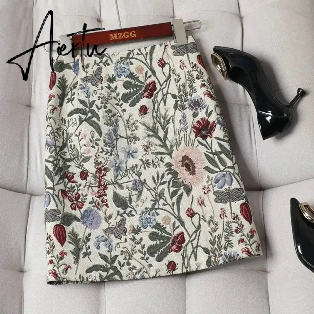 Aiertu Autumn  High Waist A-line Skirts Light Mature One Step Skirt Ladies Medium Length Retro Wrapped Hip Skirt Jacquard Skirt
