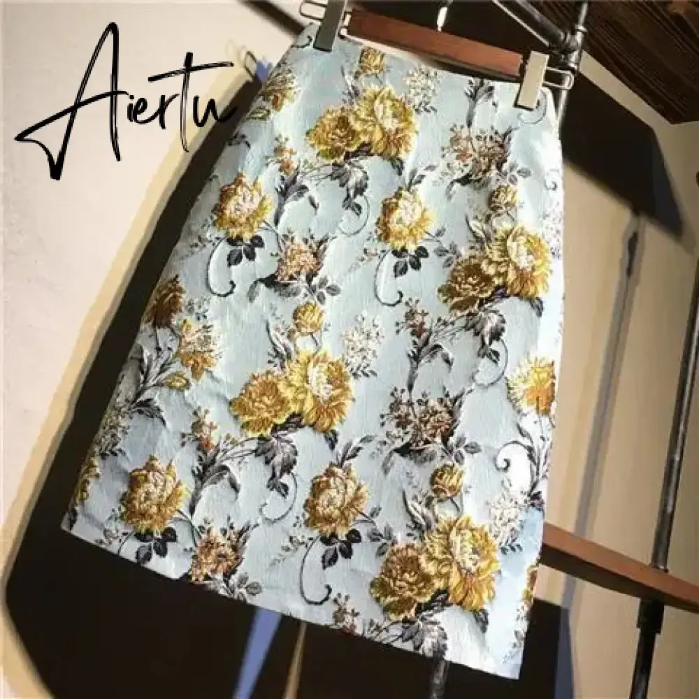 Aiertu Autumn  High Waist A-line Skirts Light Mature One Step Skirt Ladies Medium Length Retro Wrapped Hip Skirt Jacquard Skirt