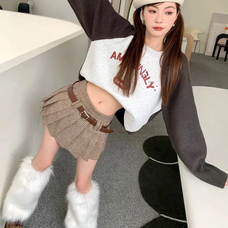 Aiertu Pleated Plaid Skirt Preppy Style Women Vintage Y2k Mini Skirts Korean Style Retro High Waist Sexy Belt Short Skirts