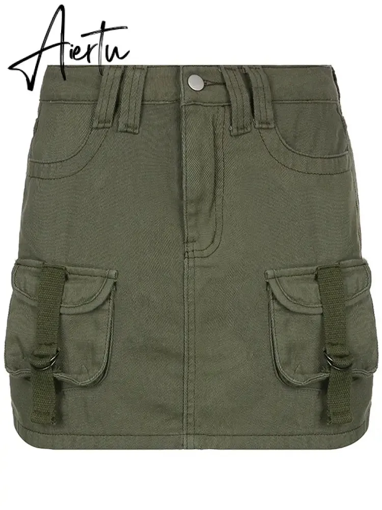 Aiertu  Y2K Grey Green Jeans Skirts Pockets Bandage Low Waisted Denim Mini Skirts Retro Zip Cute Pencil Skirts Women Korean