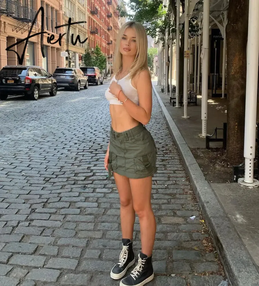 Aiertu  Y2K Grey Green Jeans Skirts Pockets Bandage Low Waisted Denim Mini Skirts Retro Zip Cute Pencil Skirts Women Korean