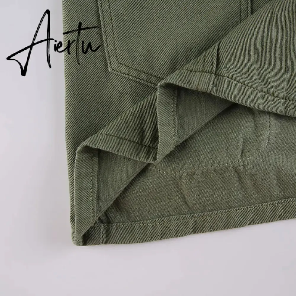 Aiertu  Y2K Grey Green Jeans Skirts Pockets Bandage Low Waisted Denim Mini Skirts Retro Zip Cute Pencil Skirts Women Korean