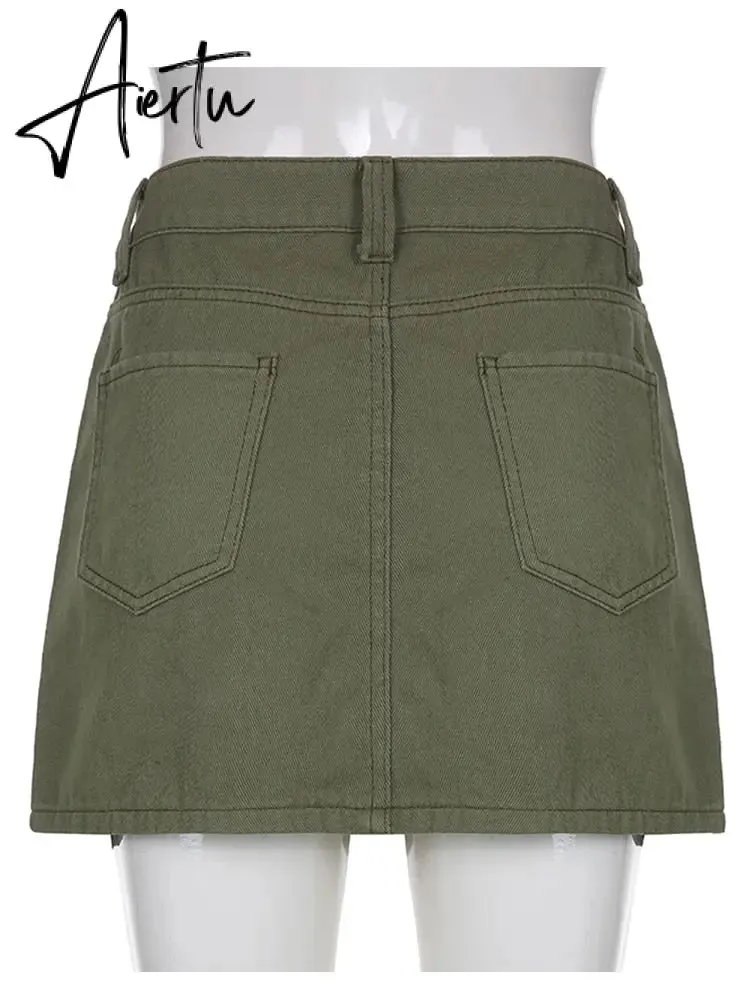 Aiertu  Y2K Grey Green Jeans Skirts Pockets Bandage Low Waisted Denim Mini Skirts Retro Zip Cute Pencil Skirts Women Korean