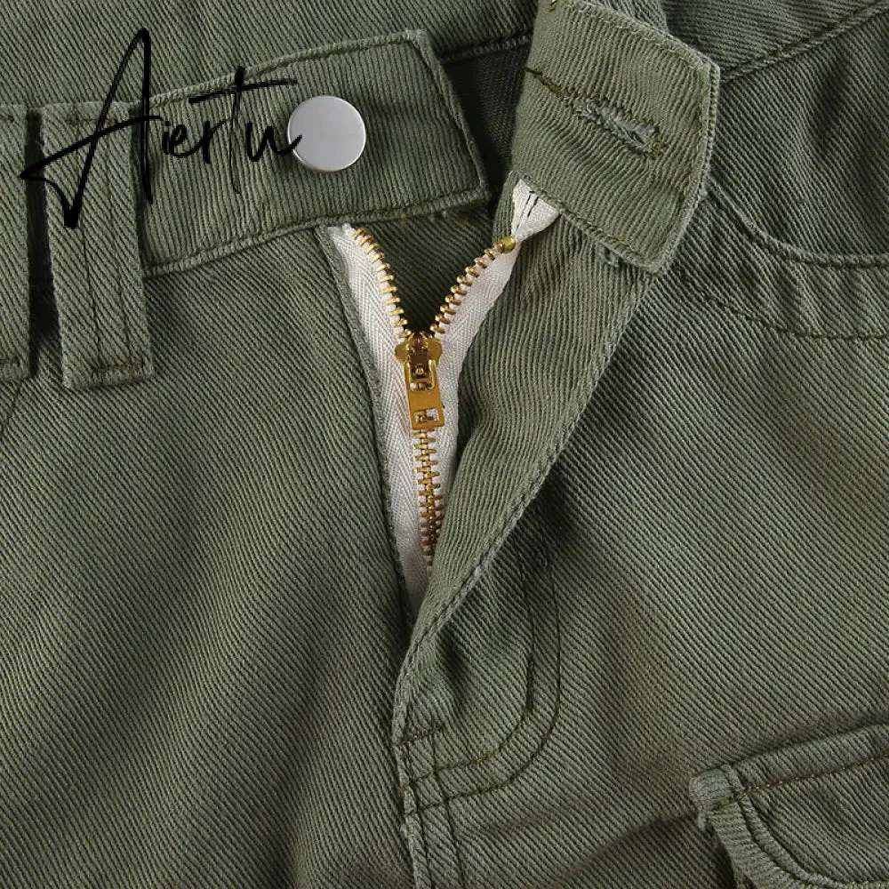 Aiertu  Y2K Grey Green Jeans Skirts Pockets Bandage Low Waisted Denim Mini Skirts Retro Zip Cute Pencil Skirts Women Korean