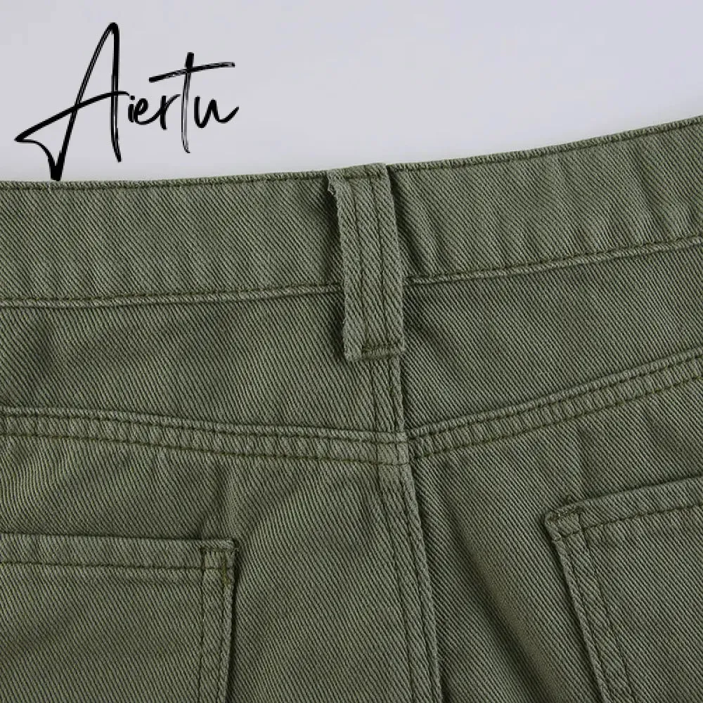 Aiertu  Y2K Grey Green Jeans Skirts Pockets Bandage Low Waisted Denim Mini Skirts Retro Zip Cute Pencil Skirts Women Korean