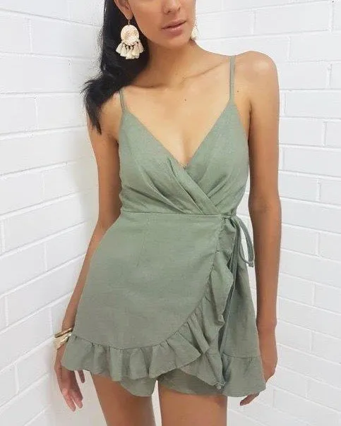All the Things We Love Linen Wrap Romper -Khaki