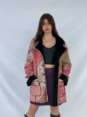 Beautiful Vintage KRISS Sweden Floral Afghan Style Fur-Lined Coat - Size Large