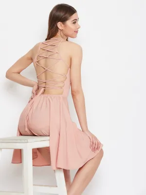Berrylush Women Solid Pink Square-Neck Caged Back Tie-Up Fit & Flare Mini Dress