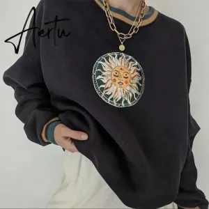 Black Sun Face Vintage Printing Oversized Sweatshirts Women Teen Girls Loose Casual Winter Tops Brand Design New Streetwear