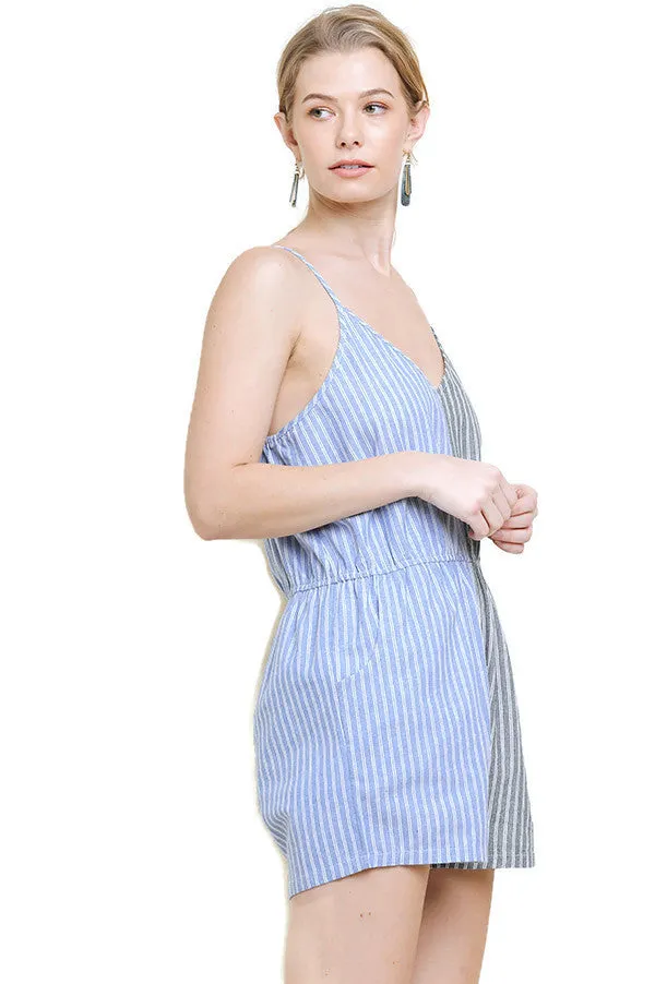 Colorblock Striped Romper, Blue/Grey