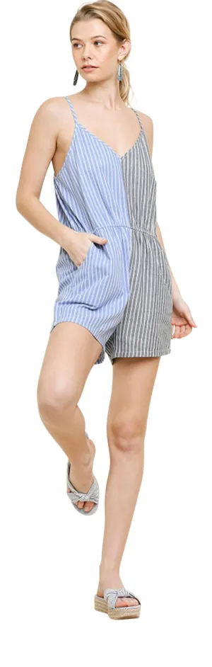 Colorblock Striped Romper, Blue/Grey