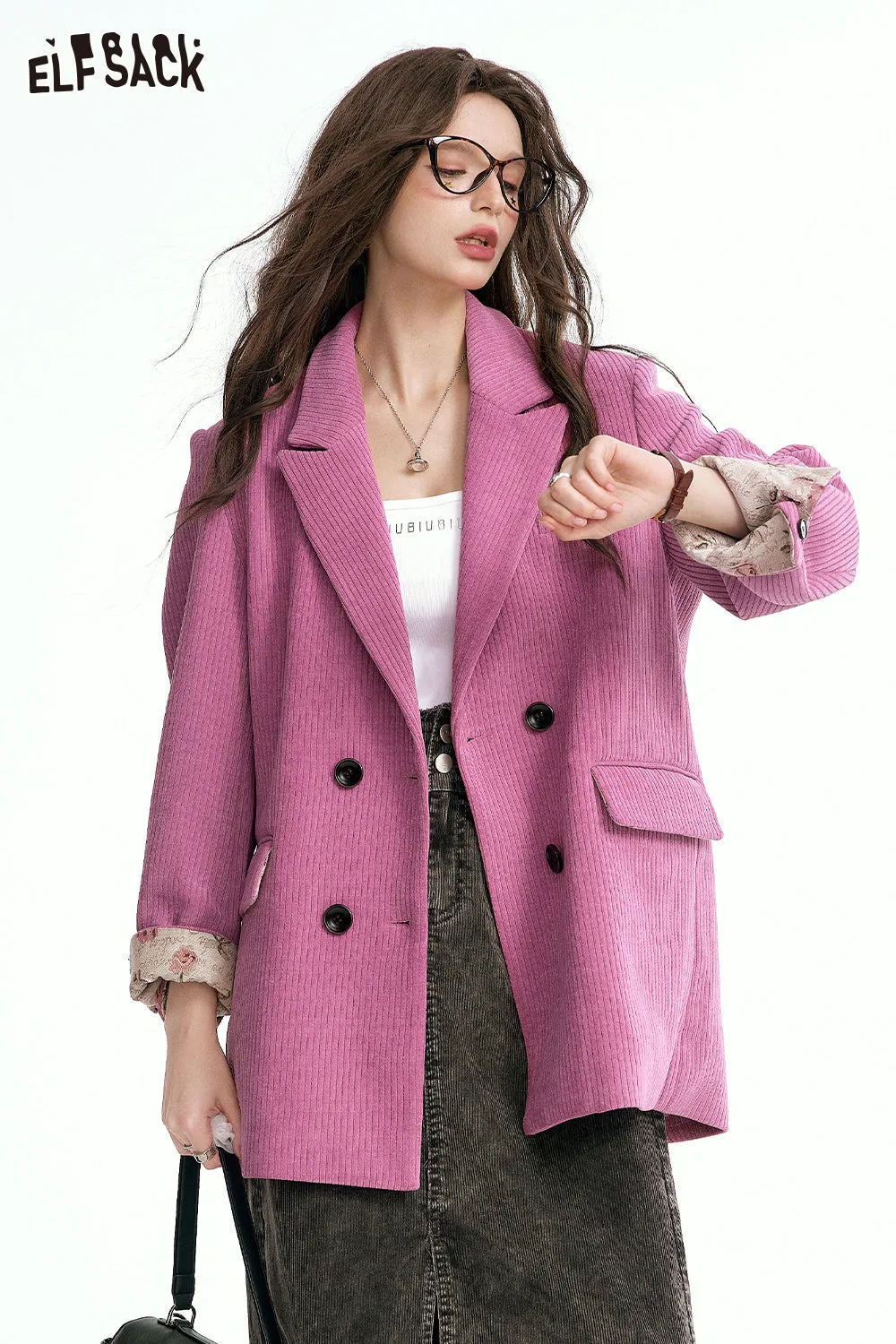ELFSACK 2024 Autumn New Arrivals Textured Retro Blazer for Women Melange Elegant Outerwear