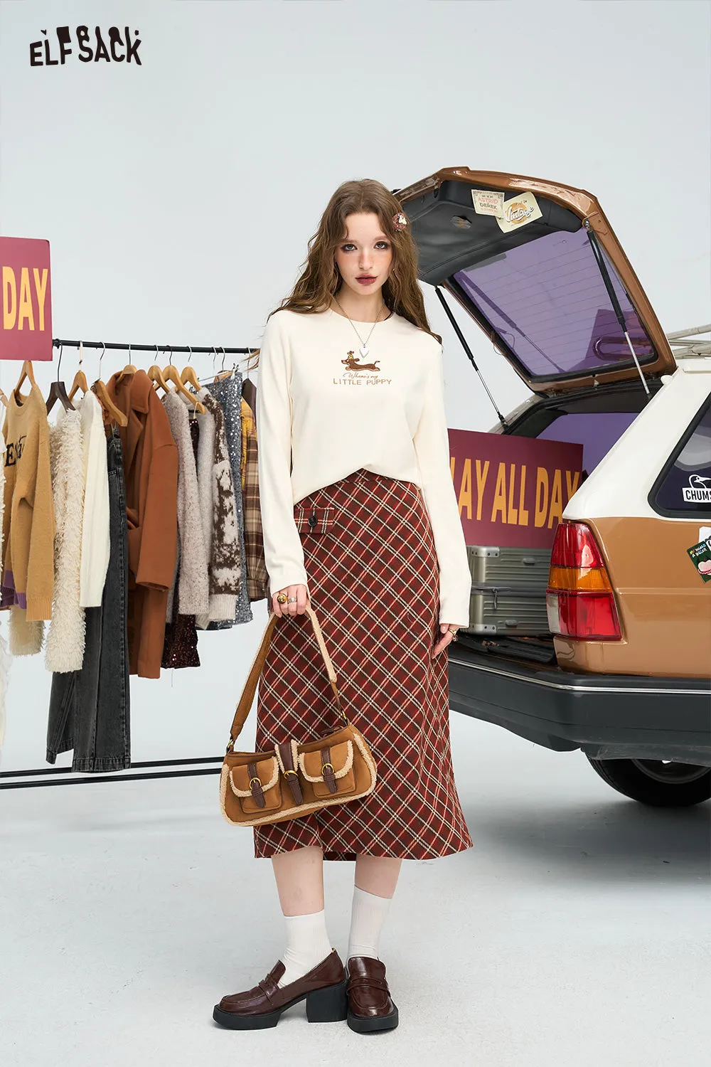 ELFSACK 2024 Winter New Arrivals Retro plaid A-line skirt for women, sweet Preppy Style long skirt short skirt