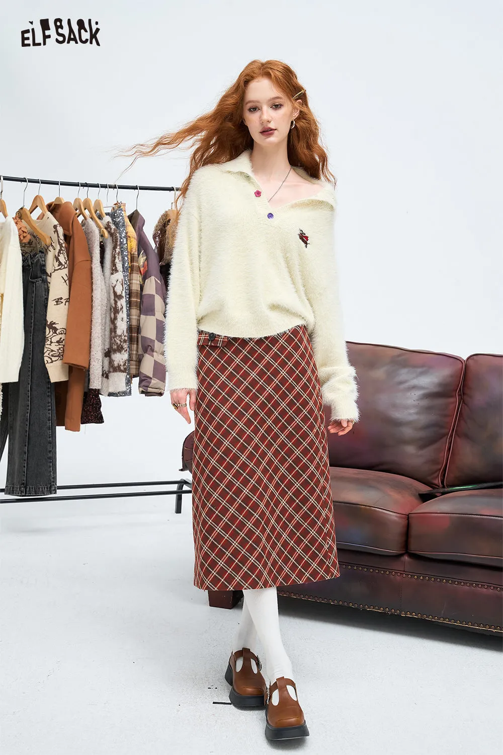 ELFSACK 2024 Winter New Arrivals Retro plaid A-line skirt for women, sweet Preppy Style long skirt short skirt