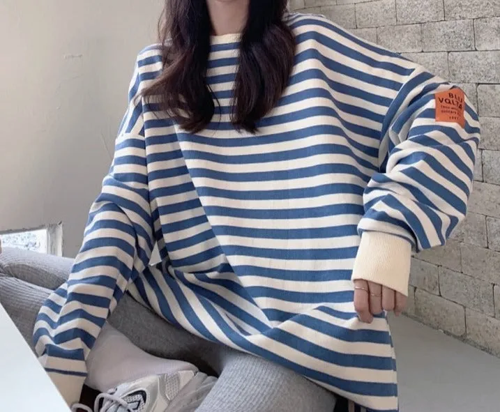 Fashionkova  Autumn Oversized Crewneck Sweatshirt Women Cotton Stripe Long Sleeve Black Pullovers Harajuku Hoodies Clothes Korean Streetwear