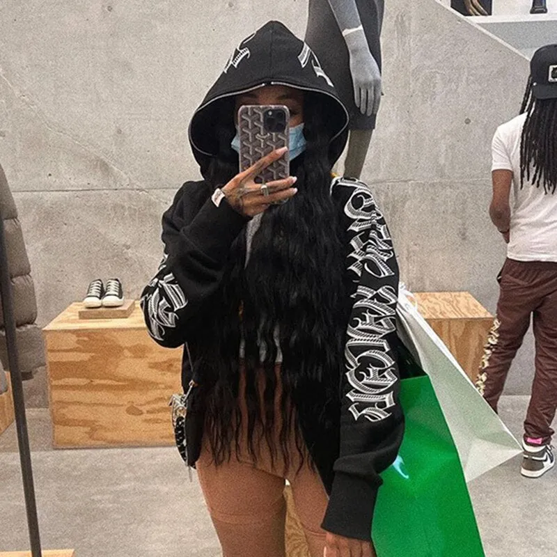 Fashionkova  Letter Embroidery Hoodies Sweatshirts Women's Casual Zip-Up Punk Goth Streetwear Jackets Female Retro Hooded Sweatshirt Clothing