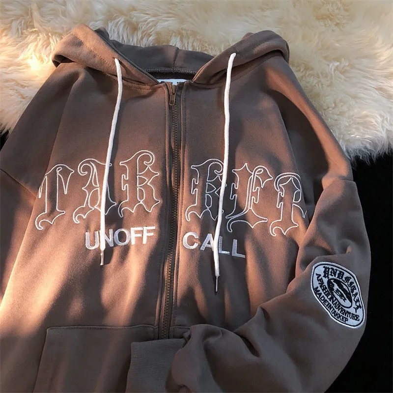 Fashionkova  Letter Embroidery Hoodies Sweatshirts Women's Casual Zip-Up Punk Goth Streetwear Jackets Female Retro Hooded Sweatshirt Clothing