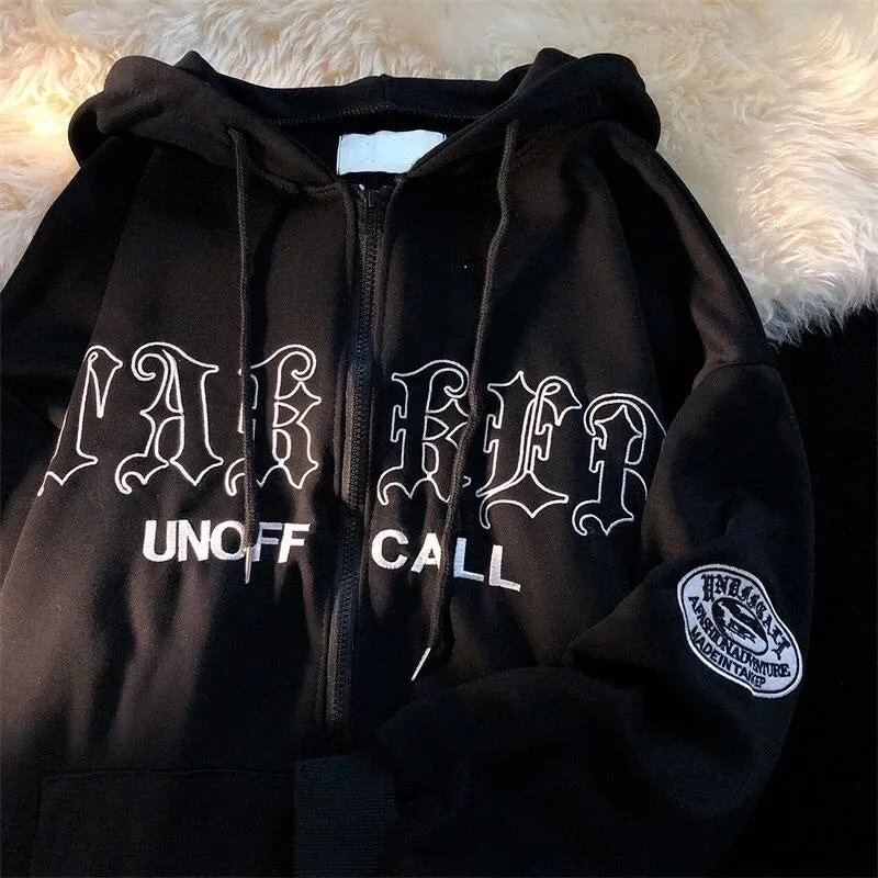 Fashionkova  Letter Embroidery Hoodies Sweatshirts Women's Casual Zip-Up Punk Goth Streetwear Jackets Female Retro Hooded Sweatshirt Clothing