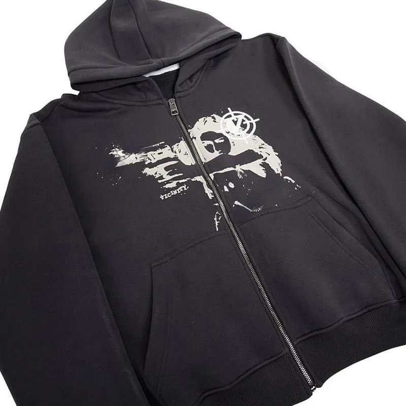 Fashionkova  Women's Gothic Anime Printed Hoodies Sweatshirts Vintage Long Sleeve Zip-Up Y2K Streetwear Men Casual Hooded Sweatshirts Clothes