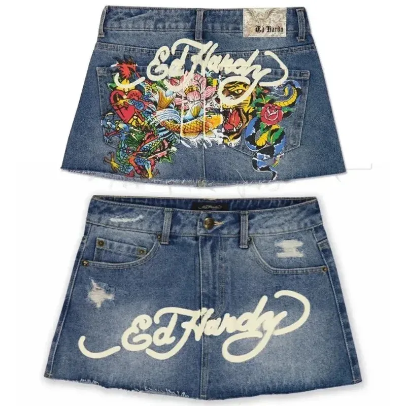 Flytonn-Gothic hip-hop letter print retro blue denim baggy skirt for women 2024 summer Hotsweet new fashion casual slim mini y2k skirts