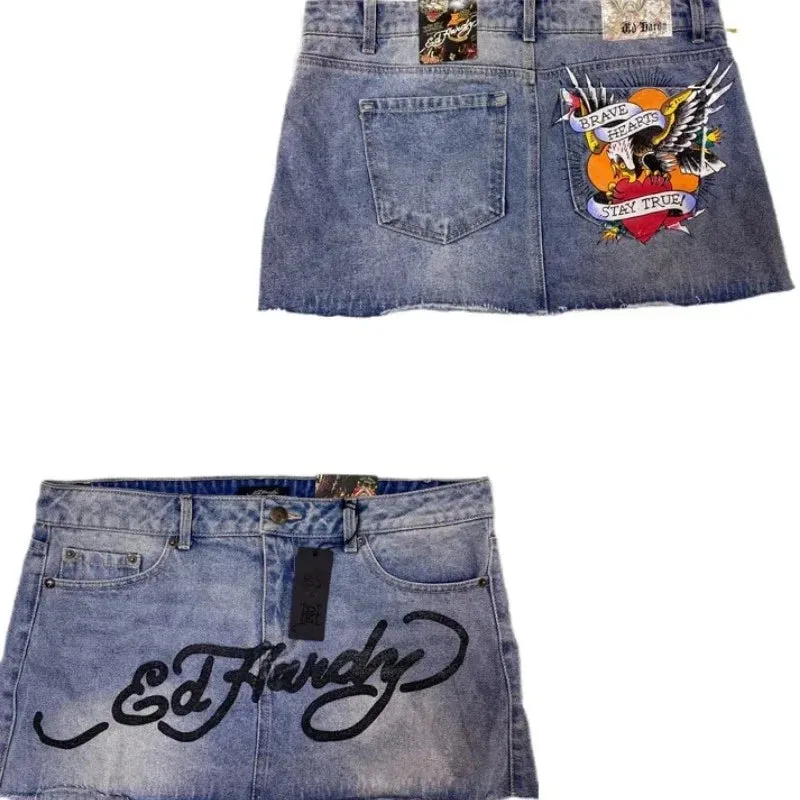 Flytonn-Gothic hip-hop letter print retro blue denim baggy skirt for women 2024 summer Hotsweet new fashion casual slim mini y2k skirts