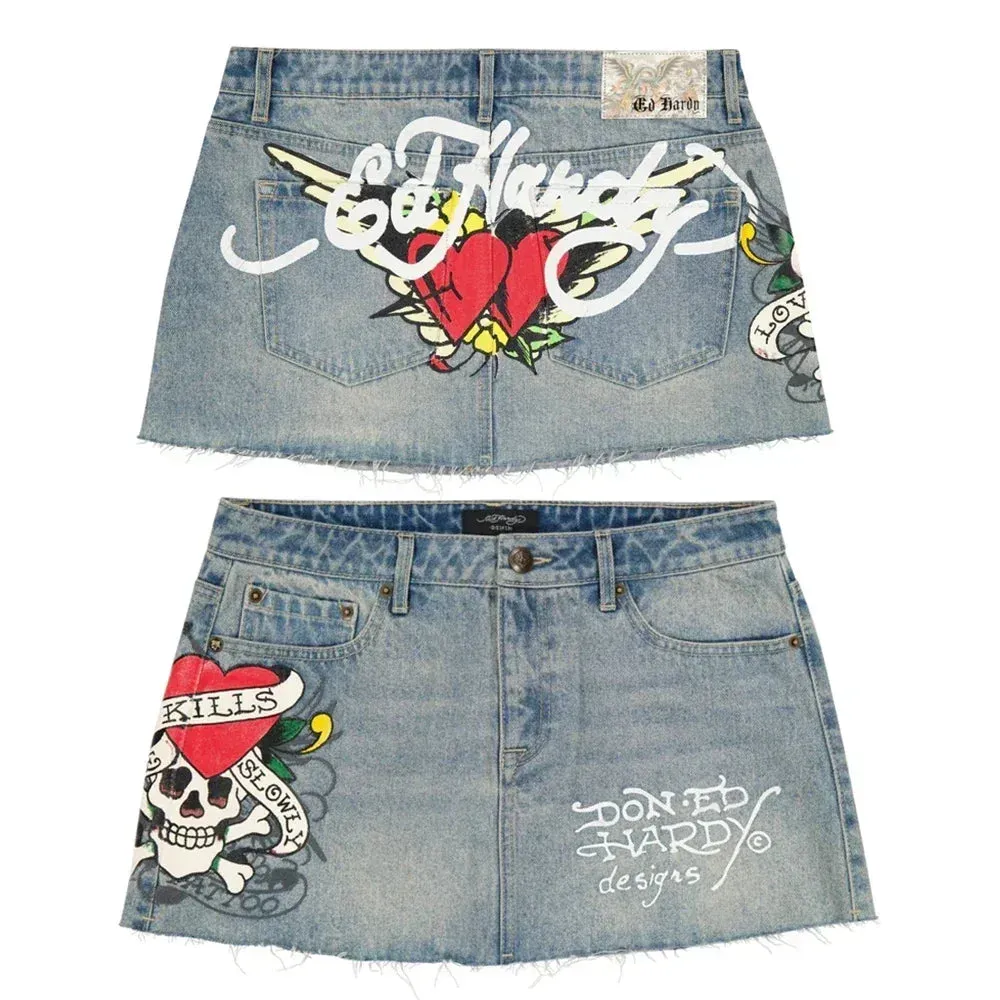 Flytonn-Gothic hip-hop letter print retro blue denim baggy skirt for women 2024 summer Hotsweet new fashion casual slim mini y2k skirts
