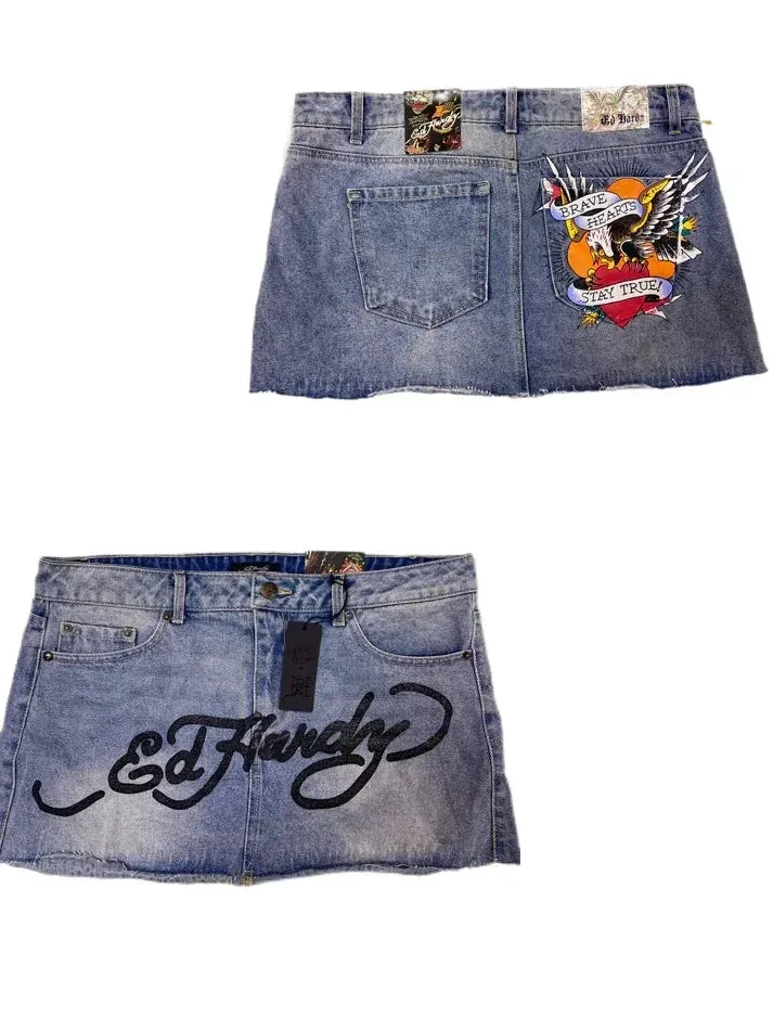 Flytonn-Gothic hip-hop letter print retro blue denim baggy skirt for women 2024 summer Hotsweet new fashion casual slim mini y2k skirts