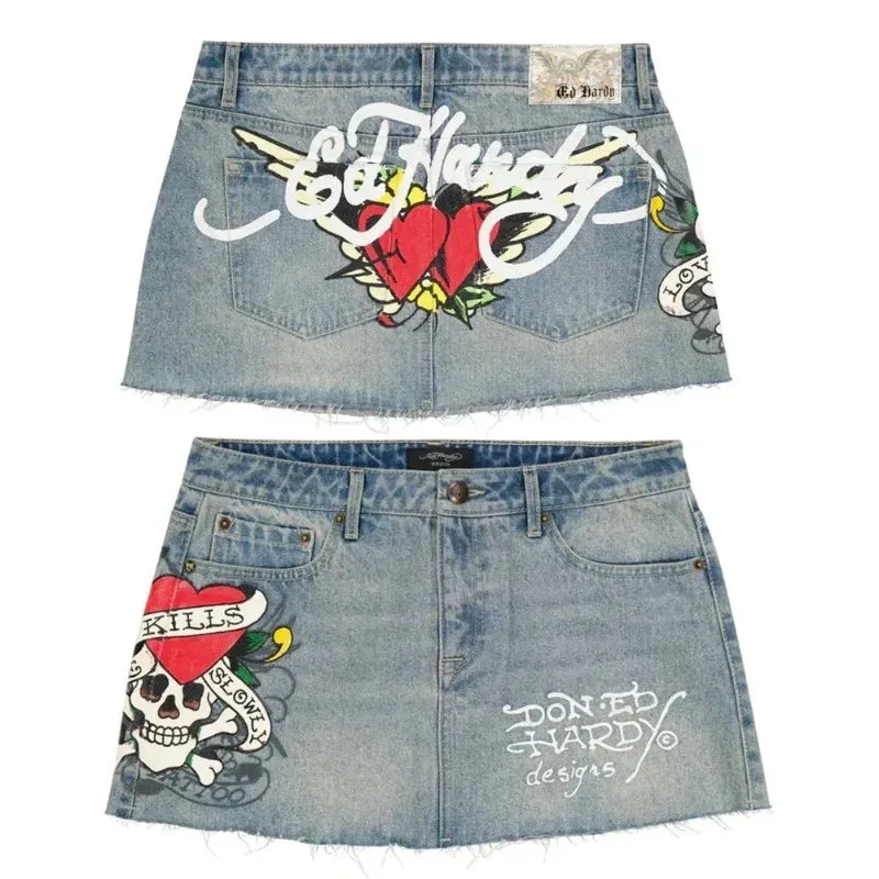 Flytonn-Gothic hip-hop letter print retro blue denim baggy skirt for women 2024 summer Hotsweet new fashion casual slim mini y2k skirts