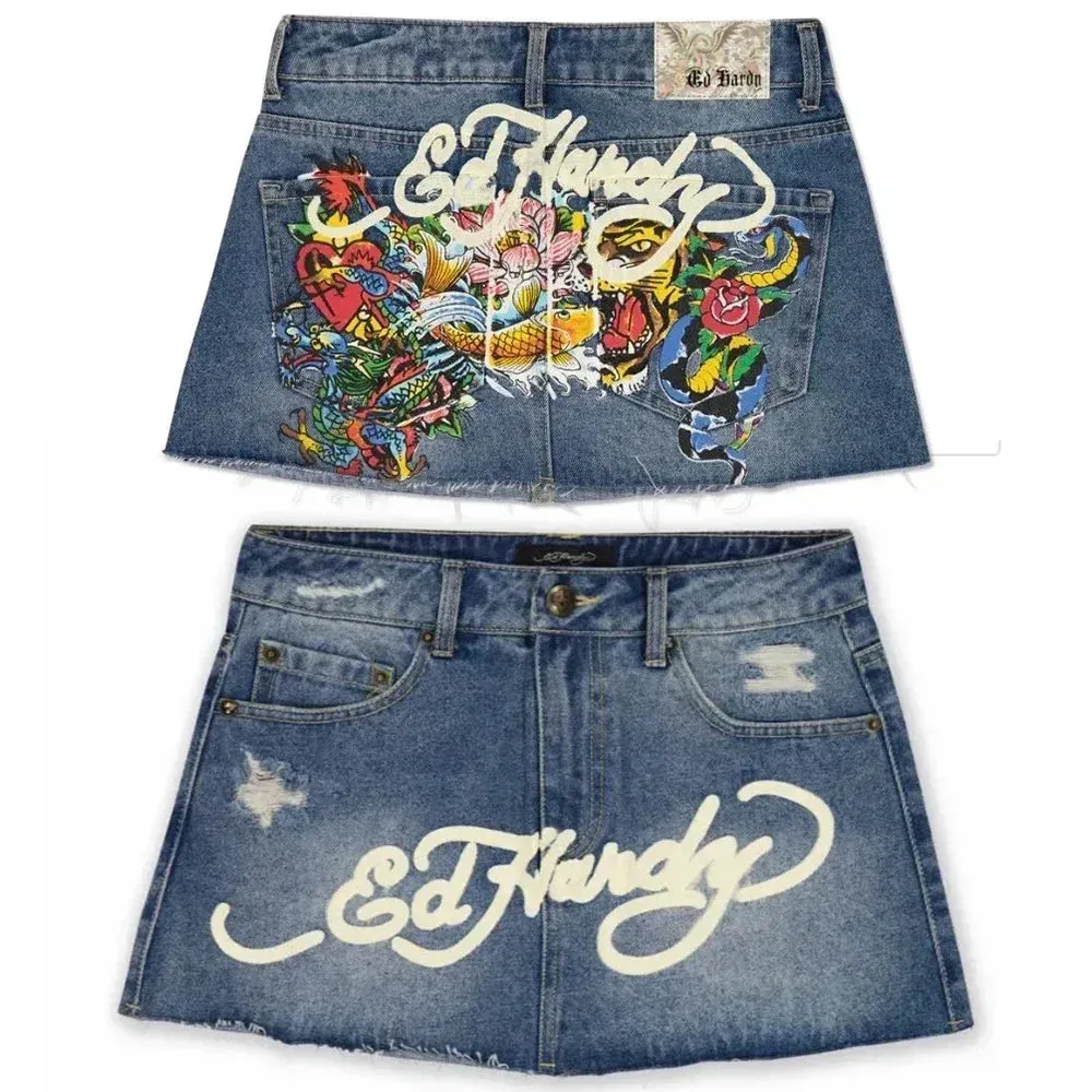 Flytonn-Gothic hip-hop letter print retro blue denim baggy skirt for women 2024 summer Hotsweet new fashion casual slim mini y2k skirts