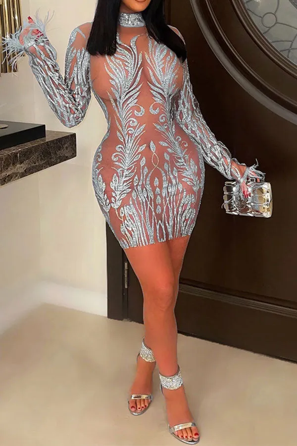 Flytonn-homecoming dresses hoco dresses party dresses fall outfits women Sequined Glamorous Fluffy See-Through Mini Dress