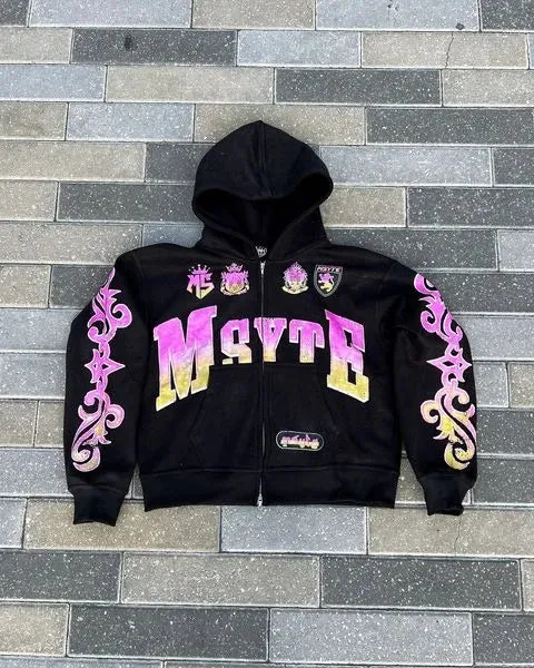 Flytonn-Streetwear y2k 90s Fashion Y2k Hip Hop Retro Harajuku Classic High Street Zip Up Hoodies Vintage Loose Letter Print Sweatshirts Casual Fashion Clothing