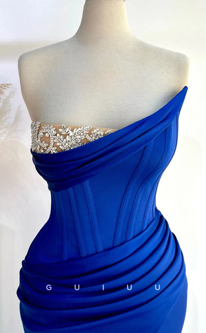 G3849 - Sexy & Hot Sheath Asymmetrical Strapless Draped and Beaded Formal Party Prom Dress with High Side Slit