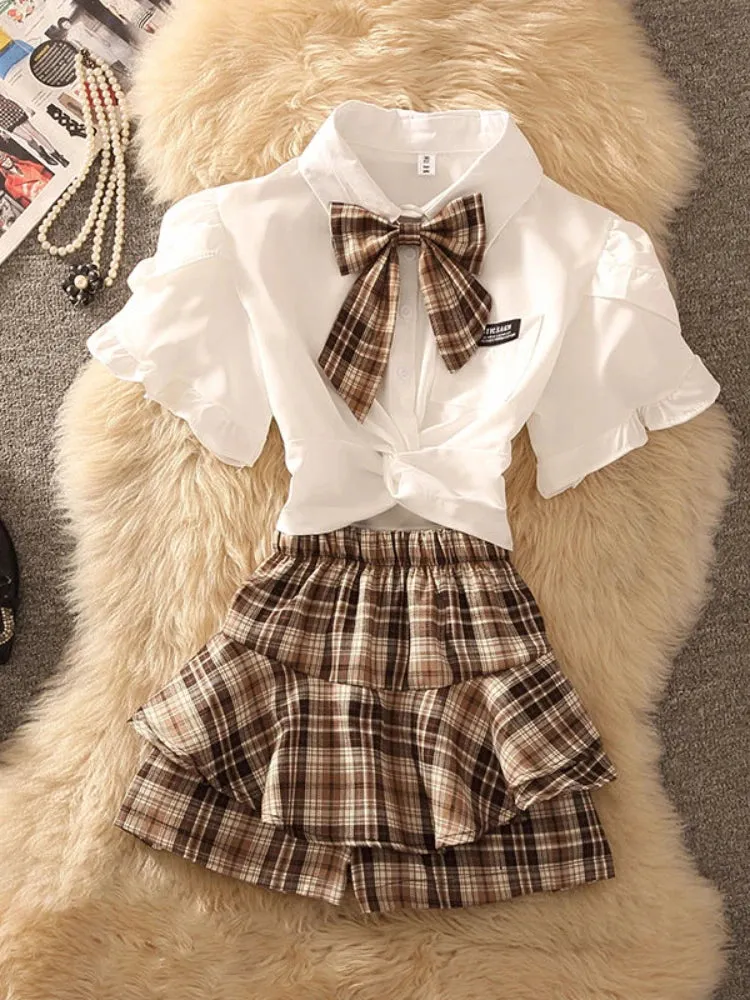 Girlary 2024 Casual Preppy 2 Piece Set Women French Bow Polo-neck White Blouse   Retro Plaid Design A-line Mini Skirts Japanese Style