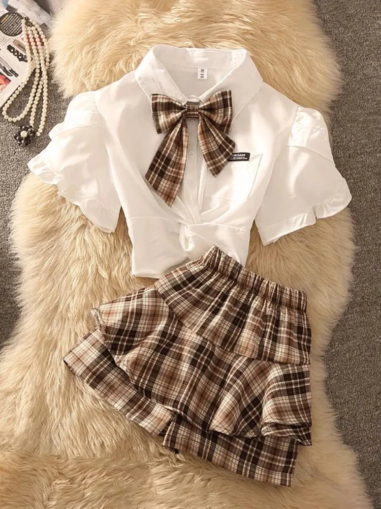 Girlary 2024 Casual Preppy 2 Piece Set Women French Bow Polo-neck White Blouse   Retro Plaid Design A-line Mini Skirts Japanese Style