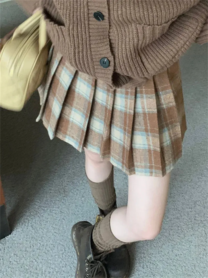 Girlary Mini Pleated Skirts Vintage Women Plaid Chic Daily Office Lady High Waist Slim Bodycon Retro New Autumn Casual