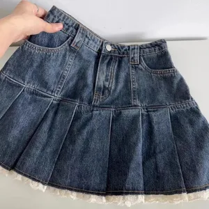 Girlary Vintage Denim Skirt Sweet Women Mini Skirts Lace Retro Y2K Patchwork Pleated Blue Casual Korean Streetwear Short Skirt