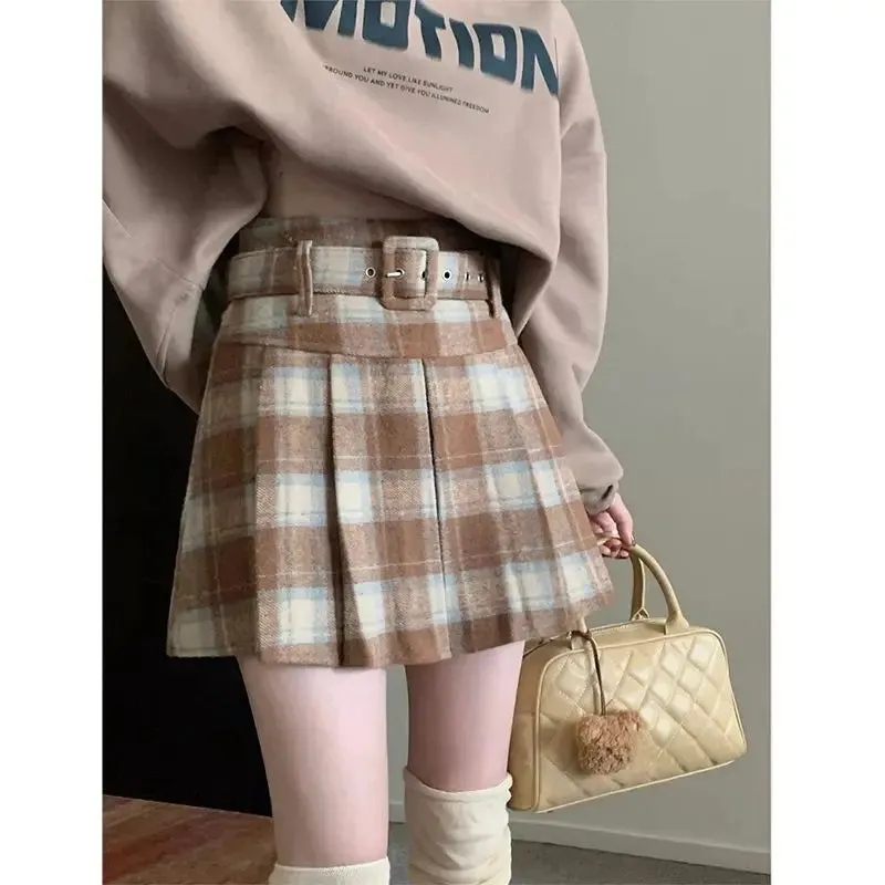Girlary Vintage Plaid Wool Skirt Women Preppy Style Sweet Mini Skirts Korean Fashion Autumn Winter Retro Pleated Short Skirts