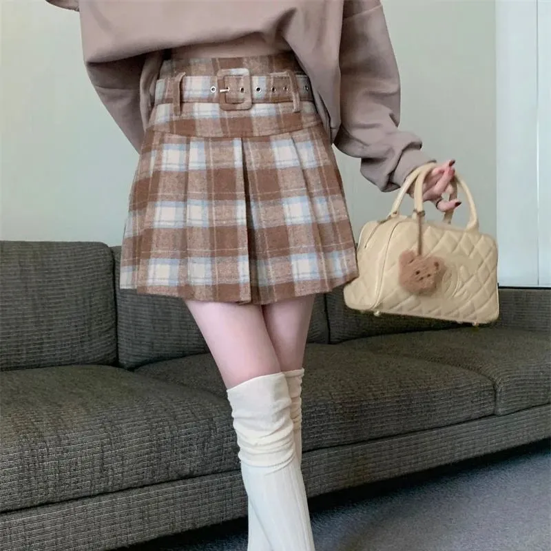 Girlary Vintage Plaid Wool Skirt Women Preppy Style Sweet Mini Skirts Korean Fashion Autumn Winter Retro Pleated Short Skirts