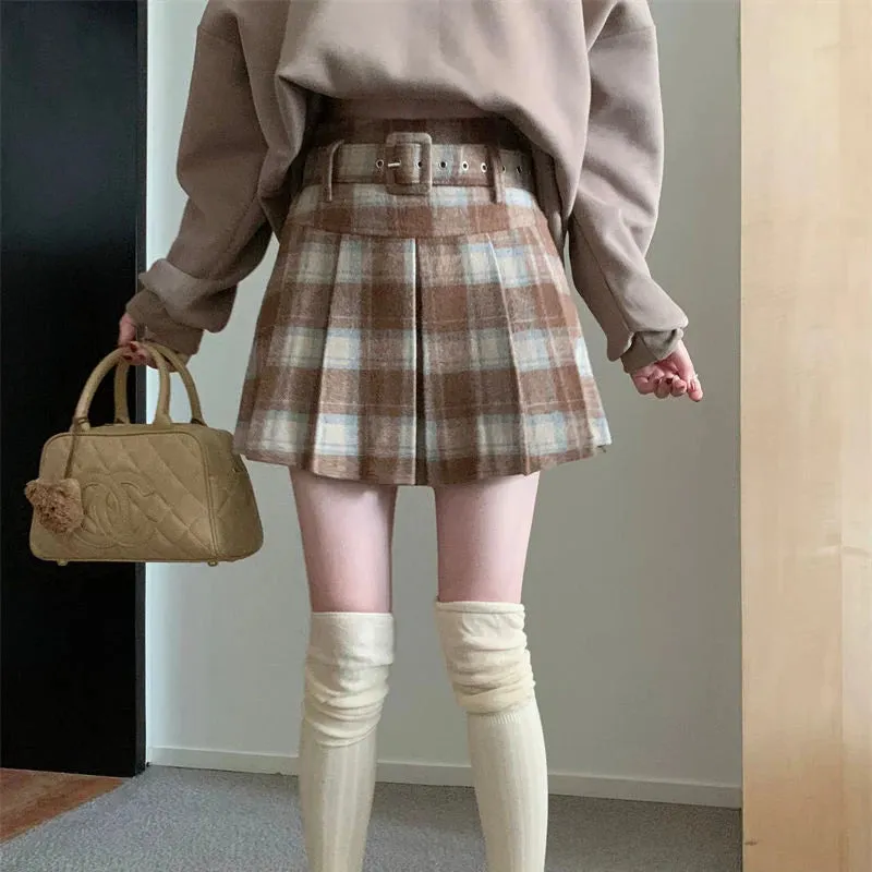 Girlary Vintage Plaid Wool Skirt Women Preppy Style Sweet Mini Skirts Korean Fashion Autumn Winter Retro Pleated Short Skirts