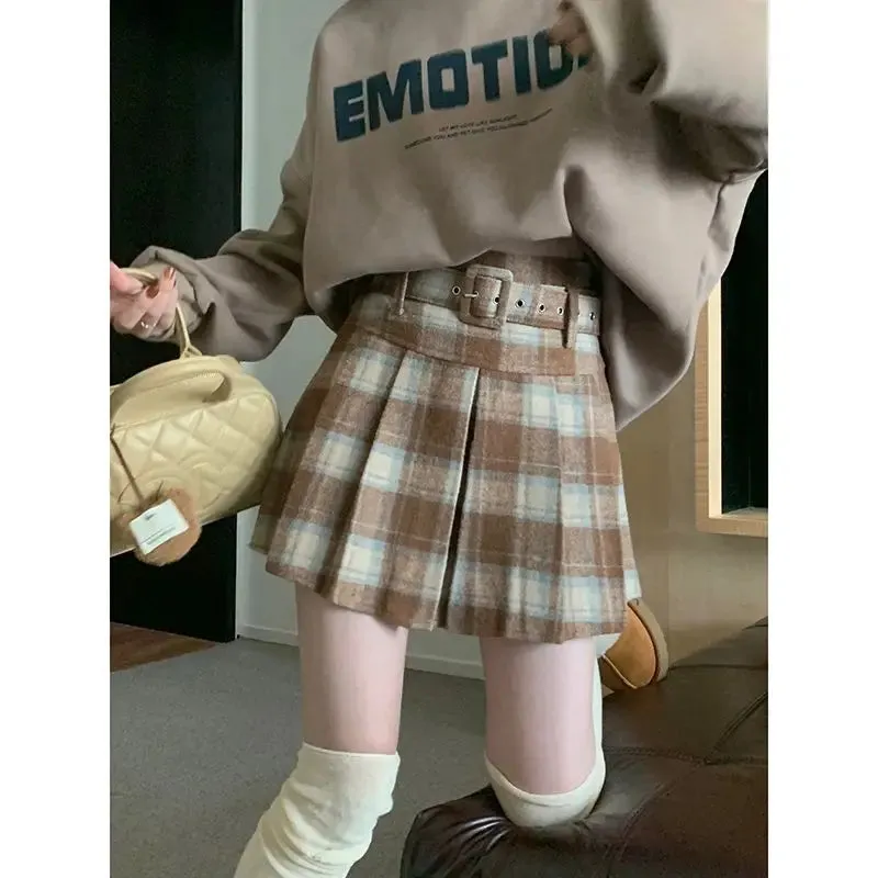 Girlary Vintage Plaid Wool Skirt Women Preppy Style Sweet Mini Skirts Korean Fashion Autumn Winter Retro Pleated Short Skirts