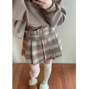 Girlary Vintage Plaid Wool Skirt Women Preppy Style Sweet Mini Skirts Korean Fashion Autumn Winter Retro Pleated Short Skirts