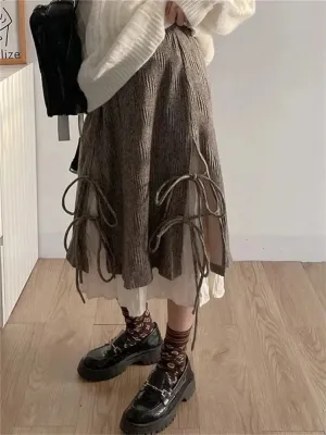 Girlary Winter Vintage Fake Two Piece Skirts Women Ruffle Patchwork Elegant Pleated Skirt Female Korean Fashion Bow Retro Skirt New