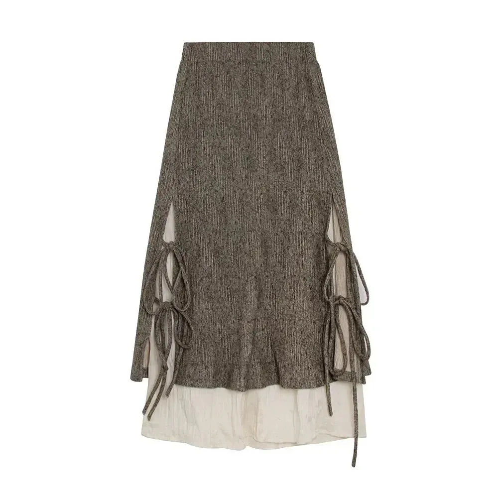 Girlary Winter Vintage Fake Two Piece Skirts Women Ruffle Patchwork Elegant Pleated Skirt Female Korean Fashion Bow Retro Skirt New